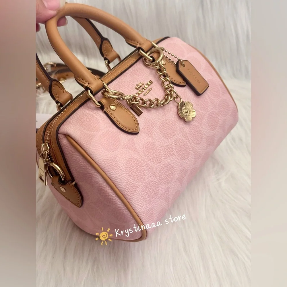 Coach Mini Rowan Bag In Signature With Charms in Powder Pink CEK79 - Picture 3 of 11